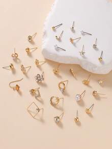 30件/套 时尚女士耳环，休闲日常佩戴 花朵、蝴蝶结、几何组合耳环套装 - 金黃色 - 查看 3