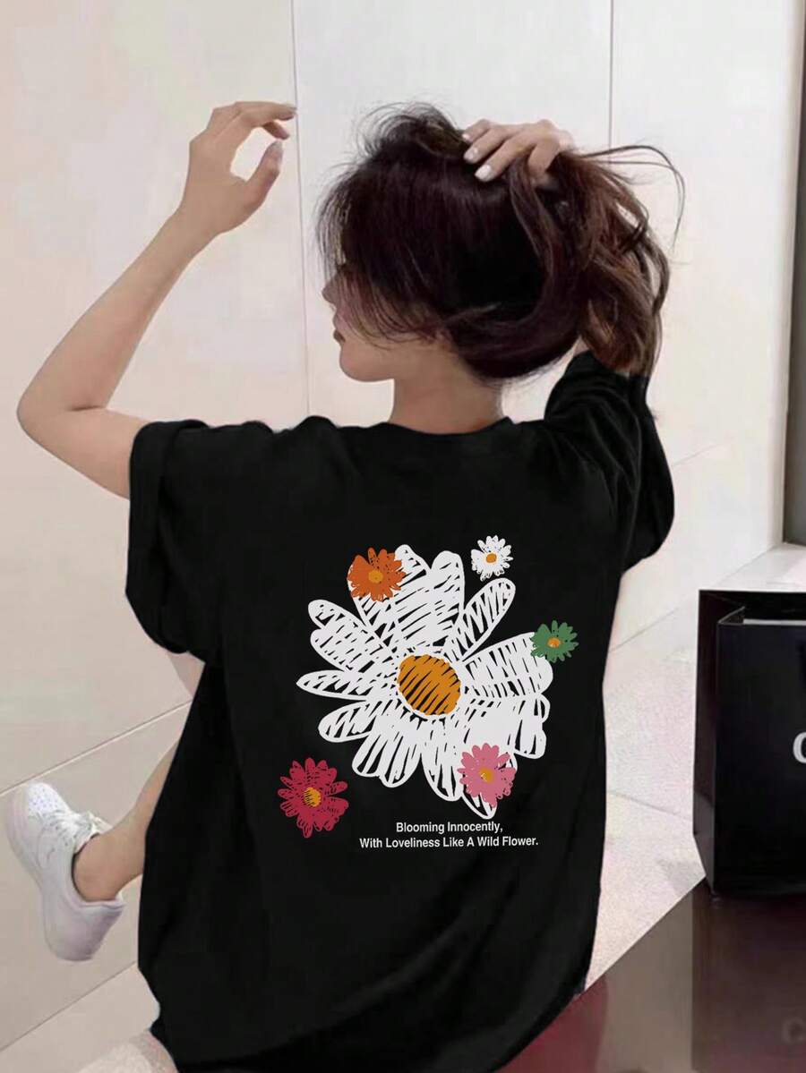 Áo thun nữ dáng rộng cổ tròn tay ngắn in chữ và hoa, màu đen, thích hợp mặc mùa xuân/hè. - màu đen - Xem 1
