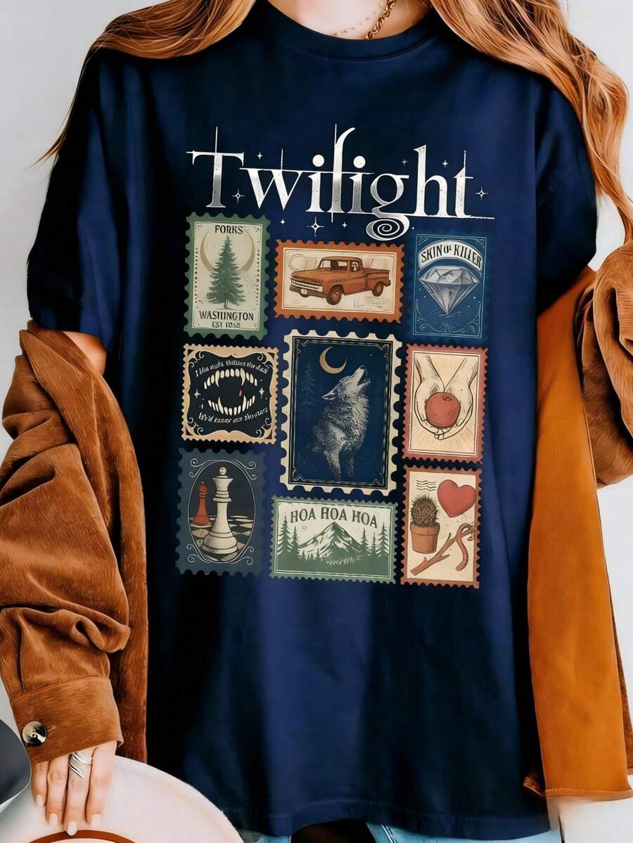 Vintage Twilight Movie Women T-Shirt, Retro Vampire And Wolves Graphic Tee, Y2K Oversized Classic 2000s Film Aesthetic Apparel, GothicHorror Romance - 藏蓝色 - 查看 1