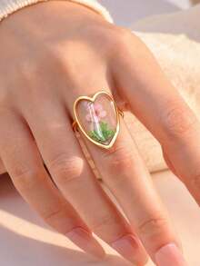 Anillos de acero inoxidable para mujer, joyas de resina con flores únicas, anillos apilables geométricos delicados y vintage, impermeables - Dorado - Ver 7