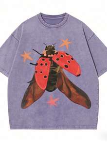 1PCST-Shirt For Women, Retro Washed T-Shirt Featuring A Shiny Ladybug,  Streetwear With Red Ladybug Print In Retro Art Style, Colorful Nature-Themed Unisex Short Sleeve Tee2026 Summer Outfits For Women, Graphic T Shirts - 紫色 - 查看 1