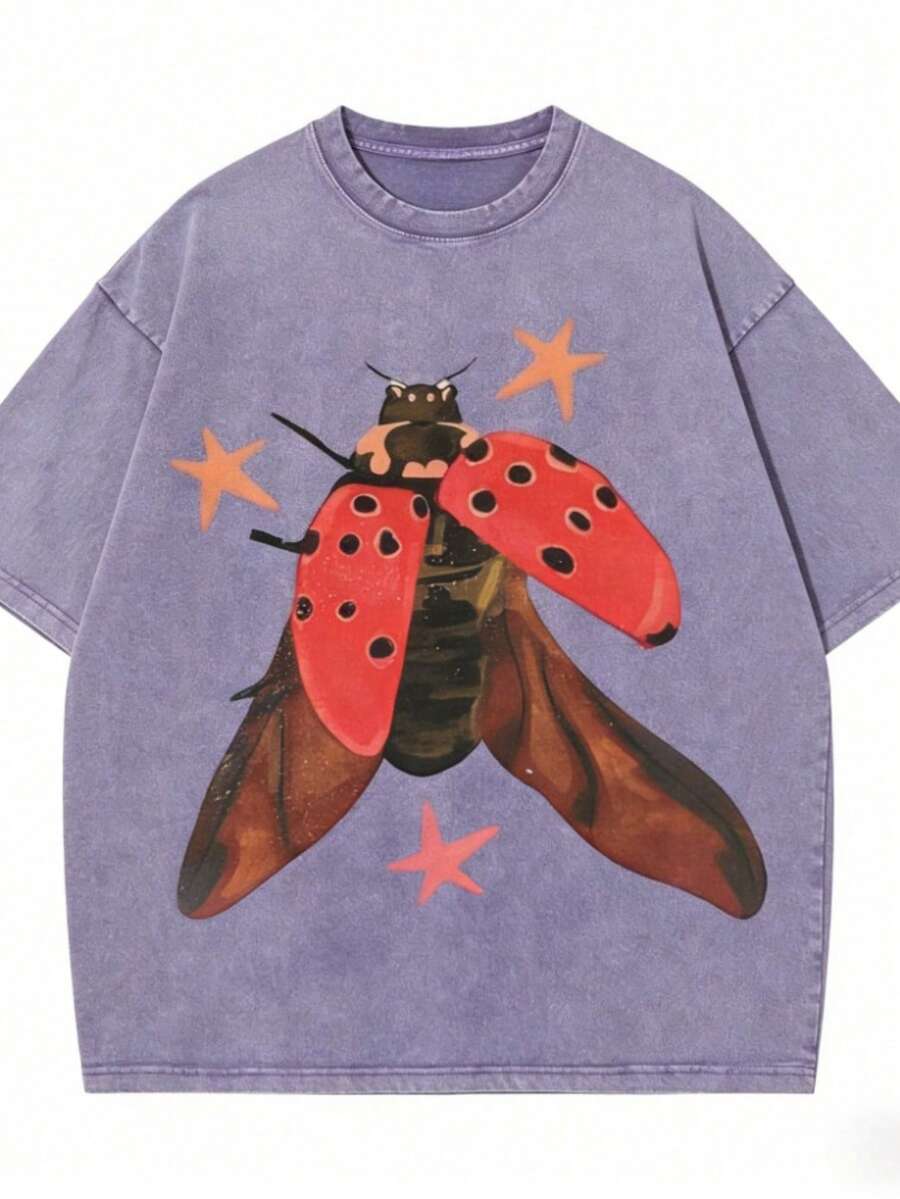1PCST-Shirt For Women, Retro Washed T-Shirt Featuring A Shiny Ladybug,  Streetwear With Red Ladybug Print In Retro Art Style, Colorful Nature-Themed Unisex Short Sleeve Tee2026 Summer Outfits For Women, Graphic T Shirts - 紫色 - 查看 1