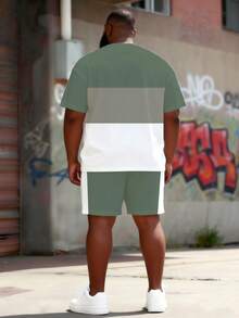 Conjunto casual de camiseta de manga corta con cuello redondo y estampado de letras en contraste verde y blanco, y pantalones cortos para hombres de talla grande - Multicolor - Ver 3