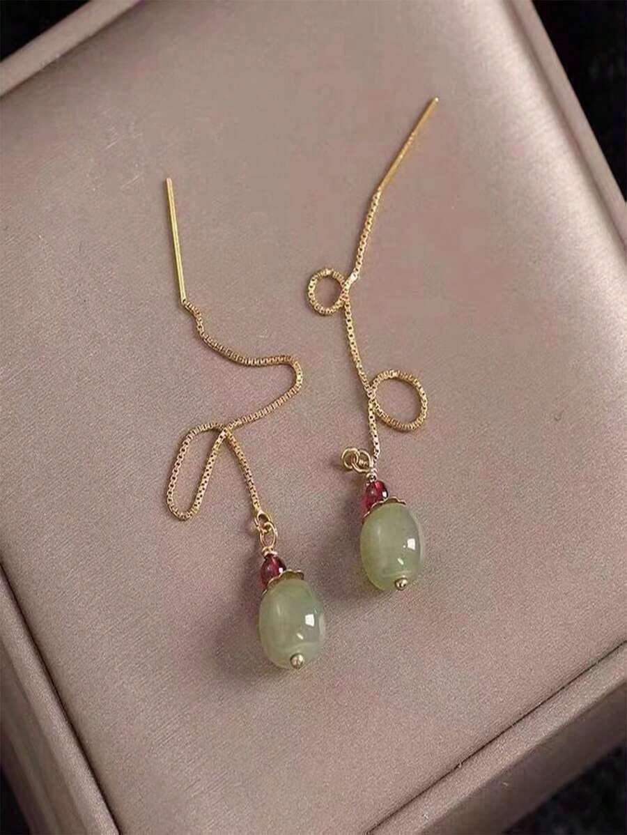 Multicolor Chinese Style Niche Design Earrings For Women, Fashionable Minimalist Ear Threader Jewelry - màu xanh lá - Xem 1