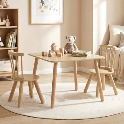  COSTWAY Kids Table And 2 Chairs Set, Wooden Children's Activity Table Set With Curved Spindle Backrests, Round Seats & Solid Wood Legs, Toddler Furniture For Art, Play, Craft, Natural