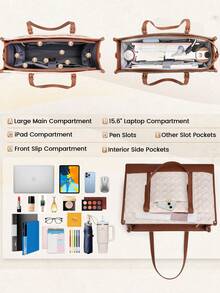 手提包，可拆卸肩带，15.6英寸笔记本电脑包，纯色皮革工作手提包，绗缝男女通用公文包，设计师笔记本电脑包，办公室教师大学简约笔记本电脑包带钱包，专业米色和棕色 - 彩色 - 查看 2