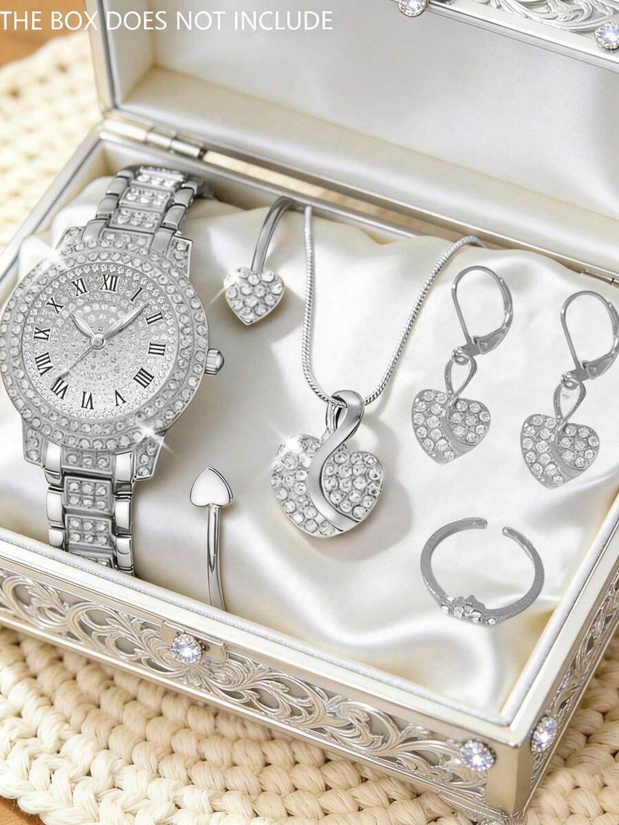 6件套优雅奢华女士石英表套装，包括钻石石英表、项链、耳环、心形开口手镯和水钻戒指，浪漫奢华配饰套装，银色调搭配心形元素。 - 銀色 - 查看 1