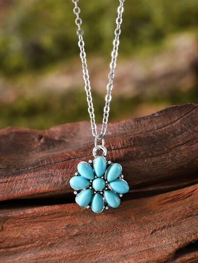 复古波西米亚风绿松石花朵项链，简约百搭吊坠项链首饰，礼物