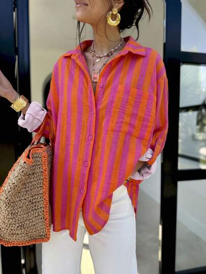 ملابس علوية نسائي مخطط كبير الحجم بطراز صديق، أمامي قصير وخلفي طويل بأزرار، قمصان كاجوال مناسبة للربيع والصيف والخريف