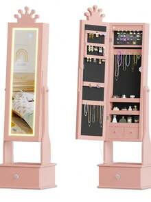 Armario joyero infantil con espejo de cuerpo entero y luz LED – Tocador organizador independiente – 3 cajones amplios – Perfecto para organizar bisutería – Ideal para niñas - Rosa claro - Ver 1