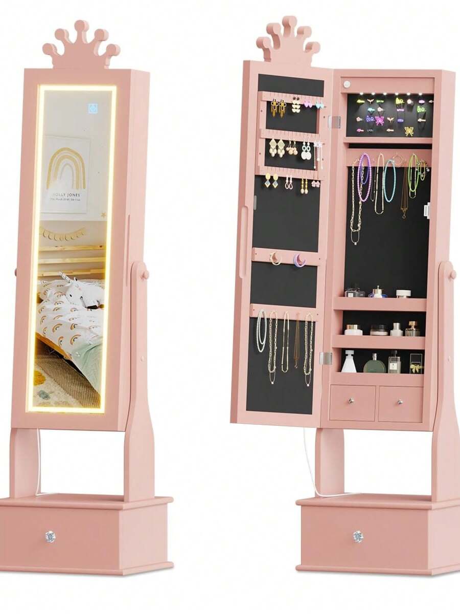 Armario joyero infantil con espejo de cuerpo entero y luz LED – Tocador organizador independiente – 3 cajones amplios – Perfecto para organizar bisutería – Ideal para niñas - Rosa claro - Ver 1