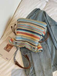 Rainbow Woven Tote Bag, New Commuter Versatile Large Capacity Straw Woven Shoulder Bag - Multicolor - View 3