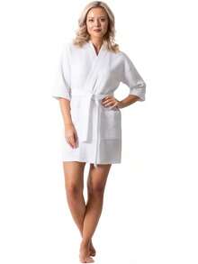 Turkish Cotton Waffle Knit Robe For Women, Lightweight Quick-Dry Short Kimono, Super Soft Spa & Bathrobe With Pockets - Vitt - Visa 7