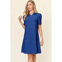 Double Take Full Size Texture Collared Neck Short Sleeve Dress - 寶藍色 - 查看 1