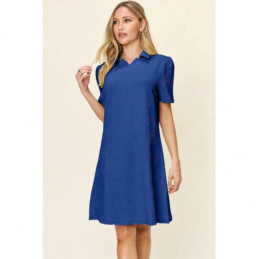 Double Take Full Size Texture Collared Neck Short Sleeve Dress - 寶藍色 - 查看 1
