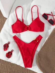 Women's Solid Color Metal Ring Detachable Bikini Set With Removable Straps, Summer Vacation Beach Red - Red - View 2