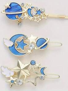 3pcs Cartoon Fantasy Starry Sky Hair Clips, Glittery Starry Wings Hair Clips Bangs Clip, Cute Girl Hair Accessories Claw Clips Hair Claws Hair Barrettes - 藍色 - 查看 4