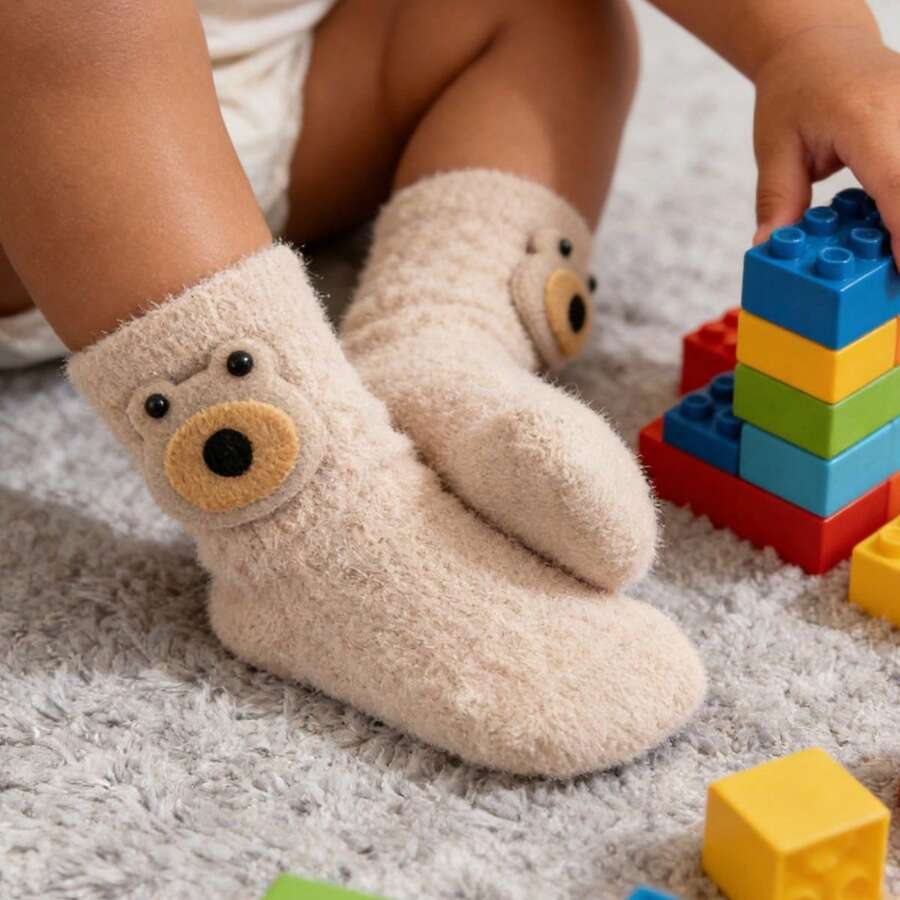 Toddler Baby Crew Socks Cute Soft Stylish Cartoon Bear Pattern Warm Infant Mid-Calf Socks - Khaki - View 1