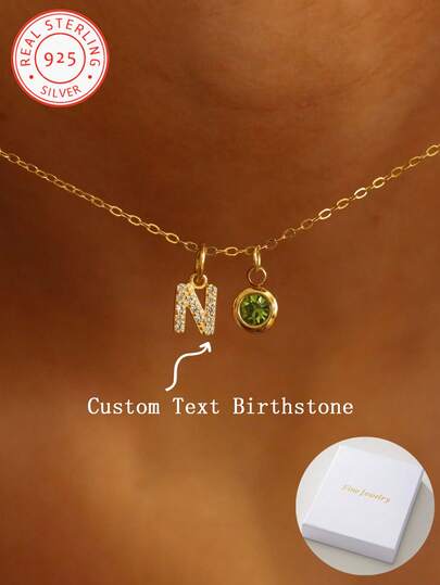 1 pieza Collar de plata de ley S925, collar con letra de piedra natal, collar de piedra natal (para mujer), collar de piedra natal para mujer, regalo de joyería de cumpleaños para mujeres