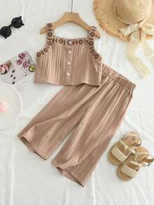 bearleader Bộ đồ hè 2 món cho bé gái, áo vest thêu họa tiết sóng biển + quần ống rộng yếm, trang phục thường ngày. - Màu Khaki - Xem 1