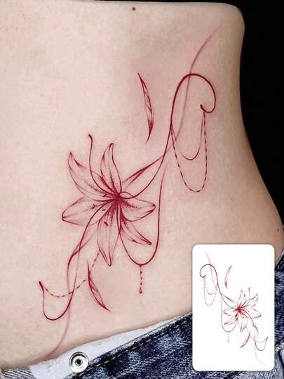 1 hình xăm tạm thời hình hoa ly đỏ chống thấm nước, bền, họa tiết ruy băng chảy dọc eo, phù hợp cho mọi người.