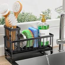 Sponge Holder for Kitchen Sink Sink Caddy Organizer with High Brush Holder Kitchen Countertop Organizers and Storage Essentials Rustproof 304 Stainless Steel Black 9.25″ - Ver 2
