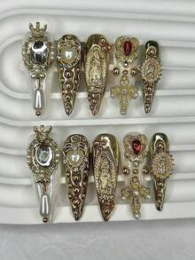 10 piezas Pegatinas de uñas con diamantes estilo palacio de lujo, calcomanías de arte de uñas elegantes y puntiagudas hechas a mano, set de cuidado de uñas (1 pegatina de gelatina + 1 lima de uñas) Uñas postizas - Dorado - Ver 1