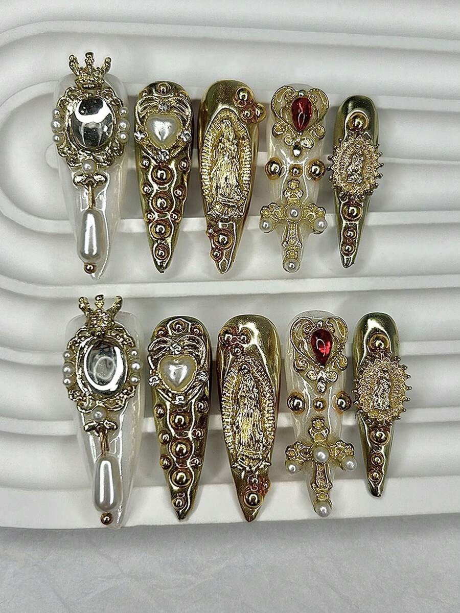 10 piezas Pegatinas de uñas con diamantes estilo palacio de lujo, calcomanías de arte de uñas elegantes y puntiagudas hechas a mano, set de cuidado de uñas (1 pegatina de gelatina + 1 lima de uñas) Uñas postizas - Dorado - Ver 1