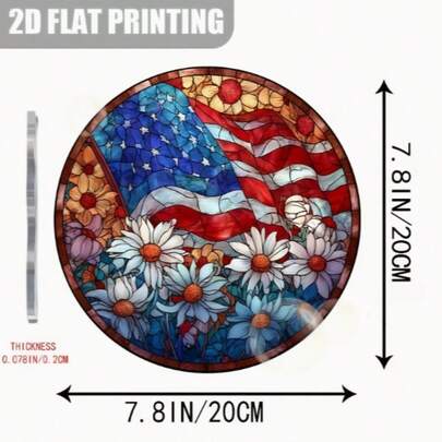 2D 平面波西米亚风格美国国旗和花卉亚克力阳光捕捉器 - 圆形爱国窗户装饰，家居装饰，彩色玻璃效果