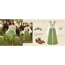 2026 Women's Renaissance Costume Floral Lace Up Bell Sleeve Peasant Medieval Fairy Dress - 收穫蘑菇 - 查看 9