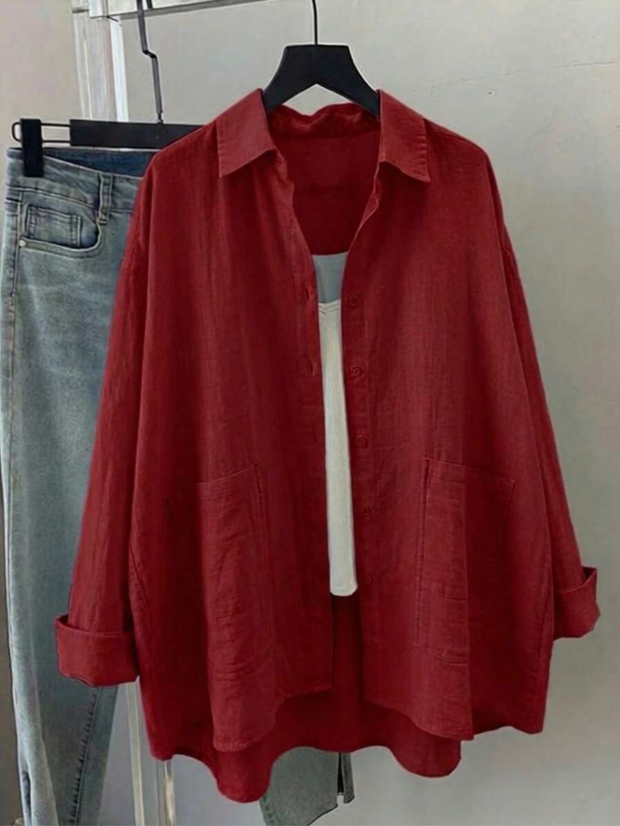 Women's Casual Red Woven Fabric Shirt, Drop Shoulder Long Sleeve, Shirt Collar, Button Pocket, Regular Length, Autumn Spring - Red - View 1