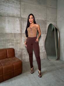 Brown Flannel Leggings With Front Pockets For Winter - 鏽棕色 - 查看 2