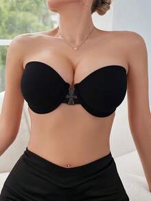 Women's Black Strapless Bra, Sexy Invisible Strapless Bra With Front Clasp, Underwire Push Up Bra With Backless Design, Invisible Non-Slip Supportive Thin Top Thick Bottom Bra For Small Bust - Black - View 4