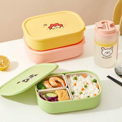 1pc/Set Cute Patterned Plastic Lunch Box With Detachable 3-Compartment, Portable Fruit Salad Food Storage Container, Large Capacity Divided Bento Box, Refrigerator & Microwave Allowable, Sealed Leak-Proof Lunch Container, Refrigerator Fresh-Keeping Box, Suitable For Student And Adult Use In Home, School, Dorm, Office, Outdoor Camping, Picnic,Travel, Bakc To School