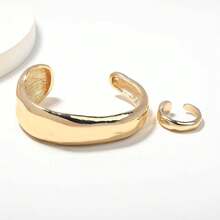 2pcs Fashionable Exaggerated Retro Geometric Wide Face Design Bracelet & Ring Jewelry Set, Suitable For Women's Daily Wear - Multicolor - View 5