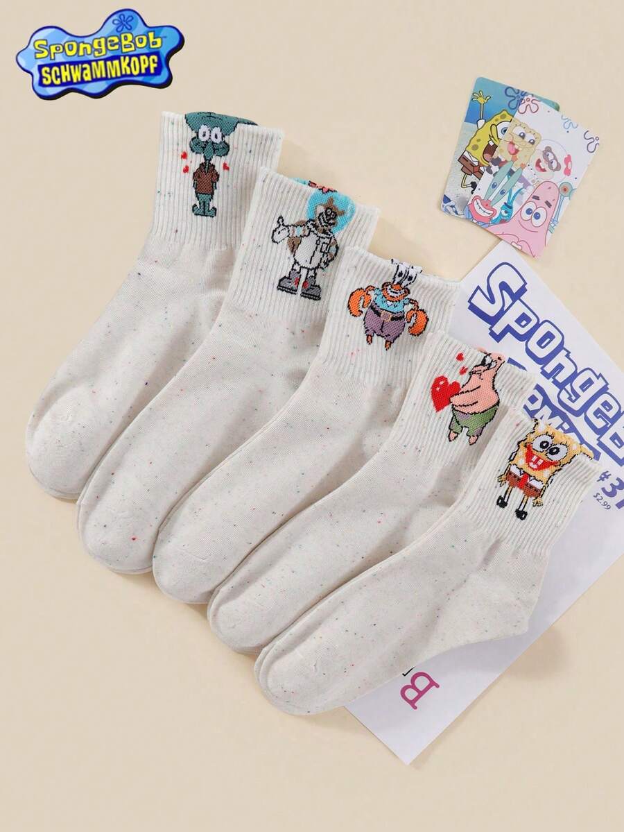 SpongeBob SquarePants 5双海绵宝宝袜子，趣味派大星、章鱼哥、珊迪袜子，Y2K风格袜子 - 彩色 - 查看 1