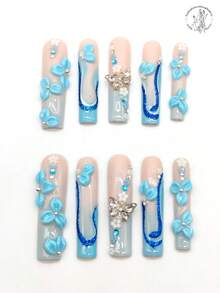 10 Pieces Of Pure Hand-Pressed Wearable Nail, 55mm Long Coffin-Shaped Nail, Pink And Blue Gradient Nail, Three-Dimensional Raised Blue Petals, Blue Glitter Pink Lines, 3D Small Flower Rhinestone Decoration, Butterfly Ornaments. Cute Nail Piece, Spring Nail Piece. Press On Nails - Multicolor - View 3