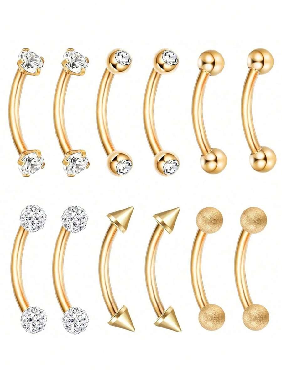 12-Piece 16G Stainless Steel Cartilage Piercing Jewelry, Unisex, Including Eyebrow Rings, Curved Barbells, Dangle Cubic Zirconia Belly Button Rings, Lip Rings, Cartilage Rings, Tragus Rings, And Other Piercing Jewelry - Yellow Gold - View 1