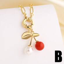 Dây chuyền mặt dây hình quả anh đào đính ngọc trai giả, kiểu dáng phóng đại, dây xích mạ đồng vàng hình kẹp giấy, trang sức dành cho nữ. - Vàng - Xem 10