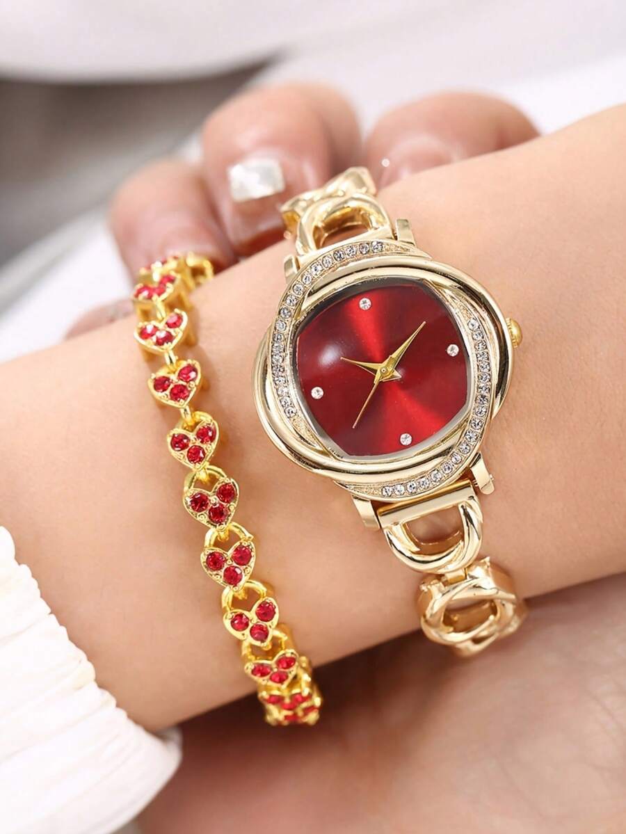 两件套女士优雅奢华红色渐变表盘石英表及心形手链套装，金色合金表带，适合日常、派对、婚礼、周年纪念等场合，可作礼物。