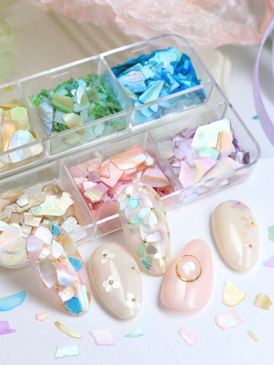 6pcs Shimmering Natural Seashell Slice Asymmetrical Colorful Nail Art Decorations, Perfect For Summer