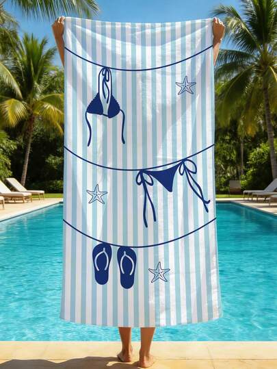 1pc Ultra Soft Striped Summer Beach Bikini Pattern Printed Microfiber Beach Towel, Home Decor, Suitable For Beach, Swimming Pool, Camping And Travel, Extremely Comfortable
