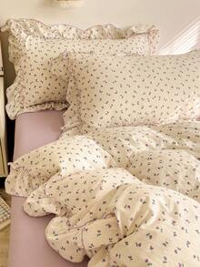 4pcs Floral Lace Bedding Set, Soft & Comfortable Bedroom Linens, Cute Floral Pattern, Breathable & Soft All-Season Bedding Set Including 1 Duvet Cover, 1 Bed Sheet, 2 Pillow Shams, No Filling, Suitable For Bedroom, Dorm, Home Use, Multiple Sizes Available - 米色 - 查看 7
