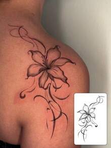 1pc Fashionable Waterproof Realistic Lily Flower Temporary Tattoo Sticker, Floral Vine Shoulder Back Tattoo Decal, Suitable For People,Spine Tattoo,Sketch Style - 黑色 - 查看 1