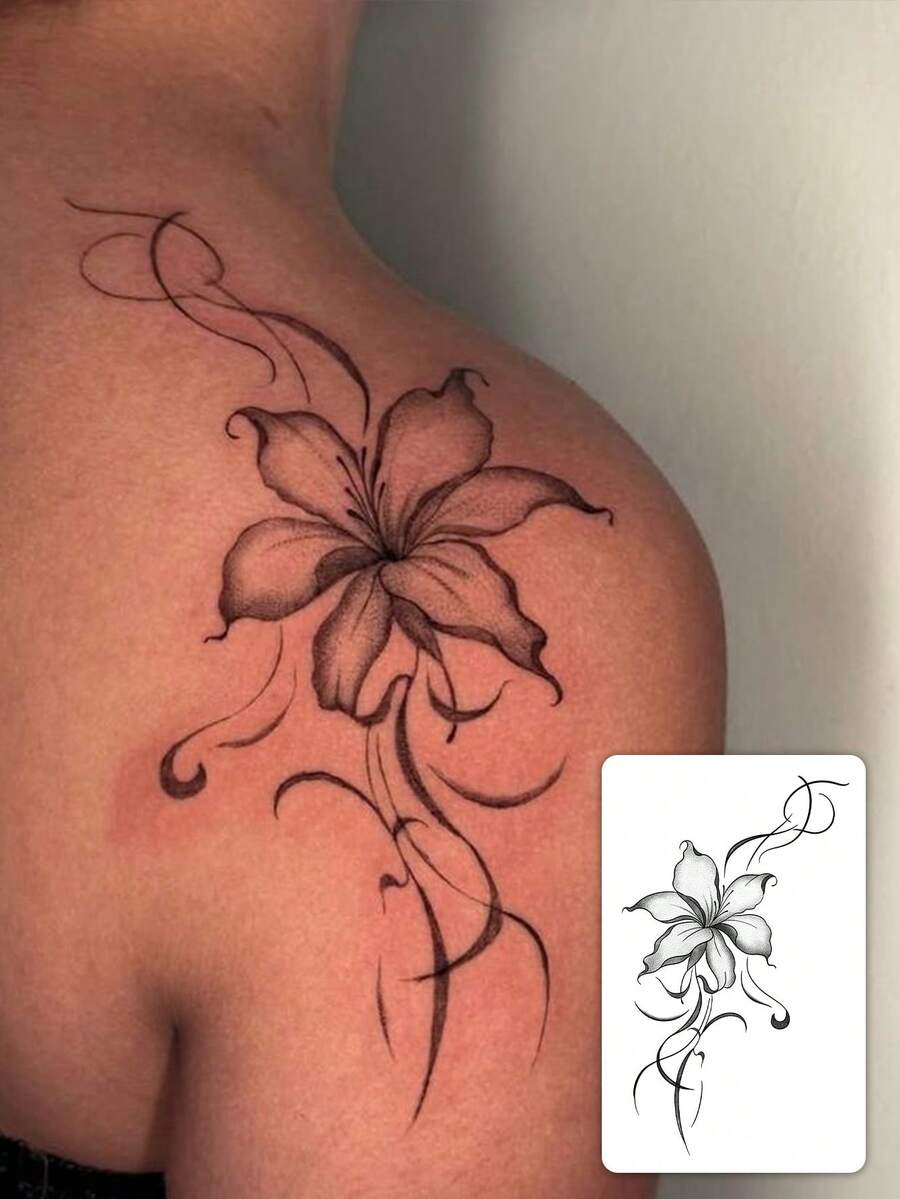1pc Fashionable Waterproof Realistic Lily Flower Temporary Tattoo Sticker, Floral Vine Shoulder Back Tattoo Decal, Suitable For People,Spine Tattoo,Sketch Style - 黑色 - 查看 1