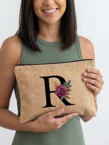 1pc A-Z Letter & Floral Print Cosmetic Bag, Lightweight Travel Toiletry Organizer - Multicolor - View 14