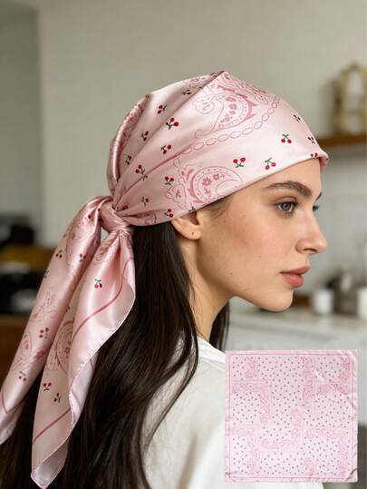 1pc Versatile Faux Silk Printed 90cm Square Scarf, Satin Neck Wrap Shawl, Cooling For Spring/Summer