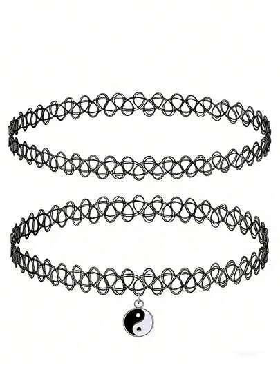 2件套项链套装，90年代风格阴阳吊坠项链，弹性饰品，送给女性和少女的礼物