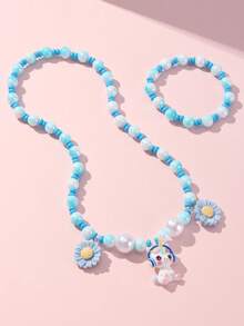 2pcs/Set Cute Pony & Flower Pendant Pearl Beaded Bracelet, Necklace Jewelry Set, Suitable For Holiday Party, School, Birthday Gift For Girls - Multicolor - View 9