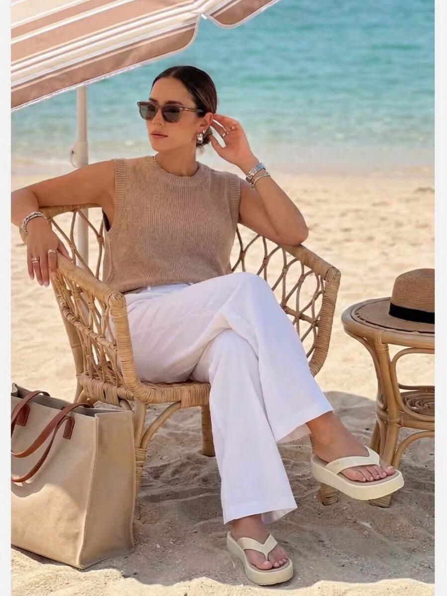 luofu 女士人字拖凉鞋，加厚防滑软鞋垫，时尚简约高帮拖鞋，夏季沙滩人字拖，EVA防滑拖鞋 - 杏色 - 查看 1